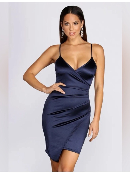 Windsor Dresses & Skirts - Windsor | Navy Blue Satin-Look Asymmetric Wrap Mini Spaghetti Strap Dress XS